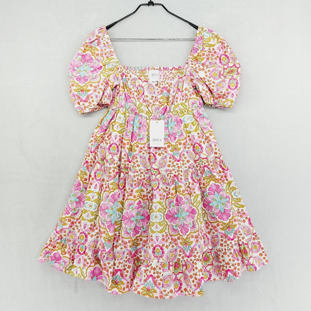 NEW MISA Kayla Pink Summer Floral Puff Sleeve Mini Dress P3893 - Picture 2 of 11